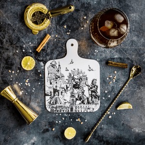 reverse side of the black and white illustrated durham cathedral chopping board