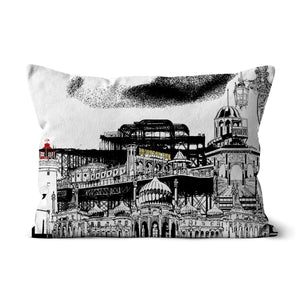 White Cushion Featuring a black and white illustration of Brighton pier and its various famous landmarks