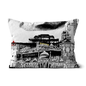 White cushion featuring a black and white illustration of Brighton pier and many of its famous features.