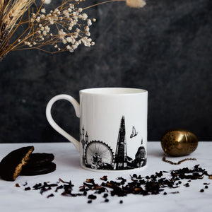 PowderButterfly Mugs London City China Mug illustrated in black and white featuring landmarks and monuments from London