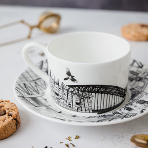 Closeup image of the Newcastle landmarks themed tea cup and saucer set by Powder Butterfly.