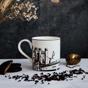 PowderButterfly Mugs Sunderland City Mug illustrated in black and white, featuring Sunderland landmarks and monuments and detailed in red