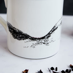 PowderButterfly Mugs Sycamore Gap Flowers Mug Illustrated in black and white featuring poppies where the tree once stood