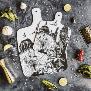 black and white chopping board illustrated with Londons most iconic landmarks and monuments