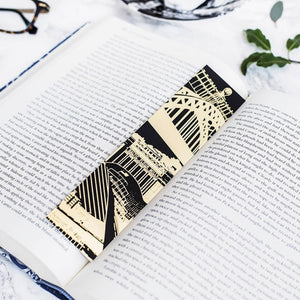 PowderButterfly Newcastle Gold Foil Bookmark with gold and black illustration featuring Newcastle and Gateshead's monuments and landmarks