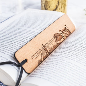 PowderButterfly Newcastle bookmark with laser etched design of various landmarks and monuments around Newcastle and Gateshead
