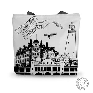 Prodigi Accessories 14"x18.5" Whitley Bay Canvas Tote Bag complete with black and white illustration of Whitley bays many Landmarks and features