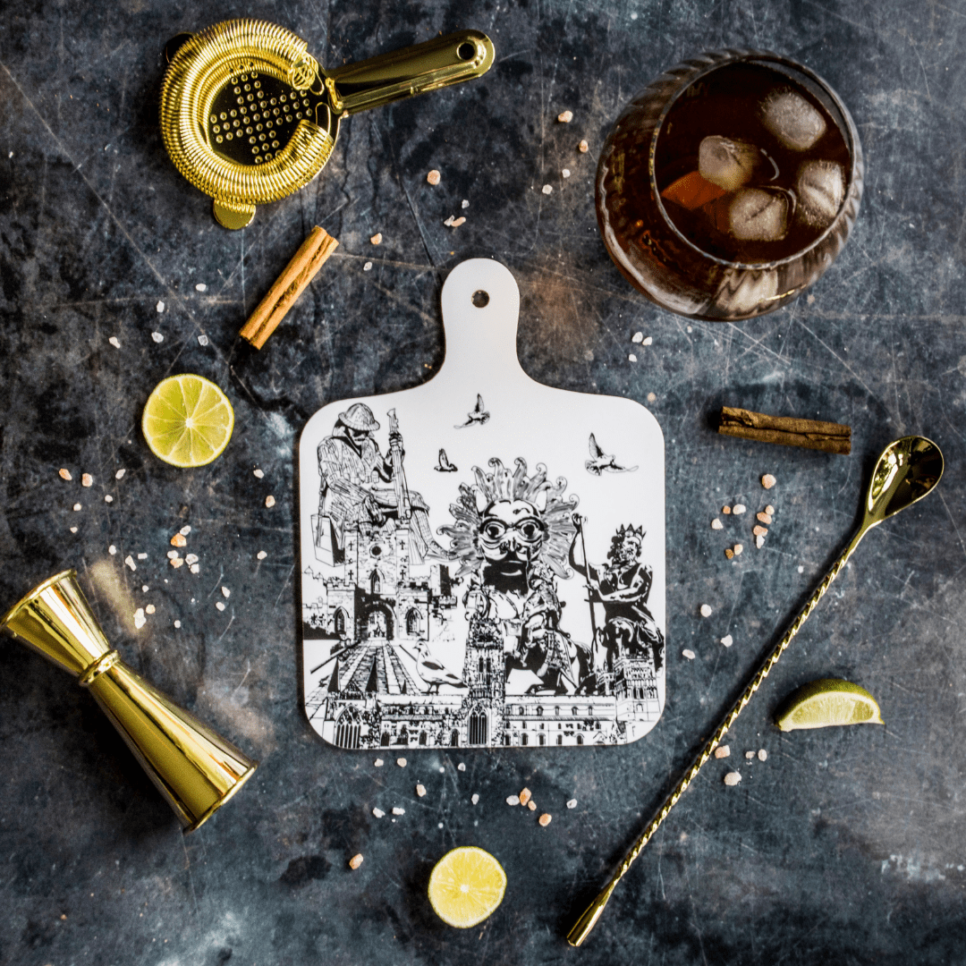 black and white illustration of Durham Cathedral on a wooden chopping board by powder butterfly