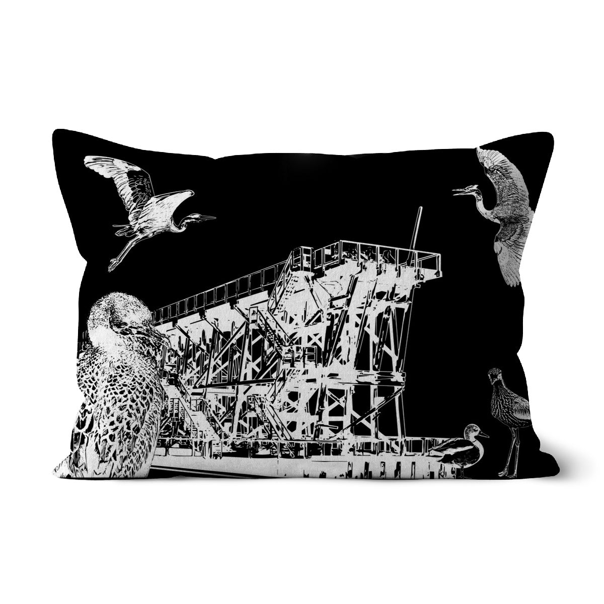 Image of a black cushion featuring white illustrations of the Dunston staiths 