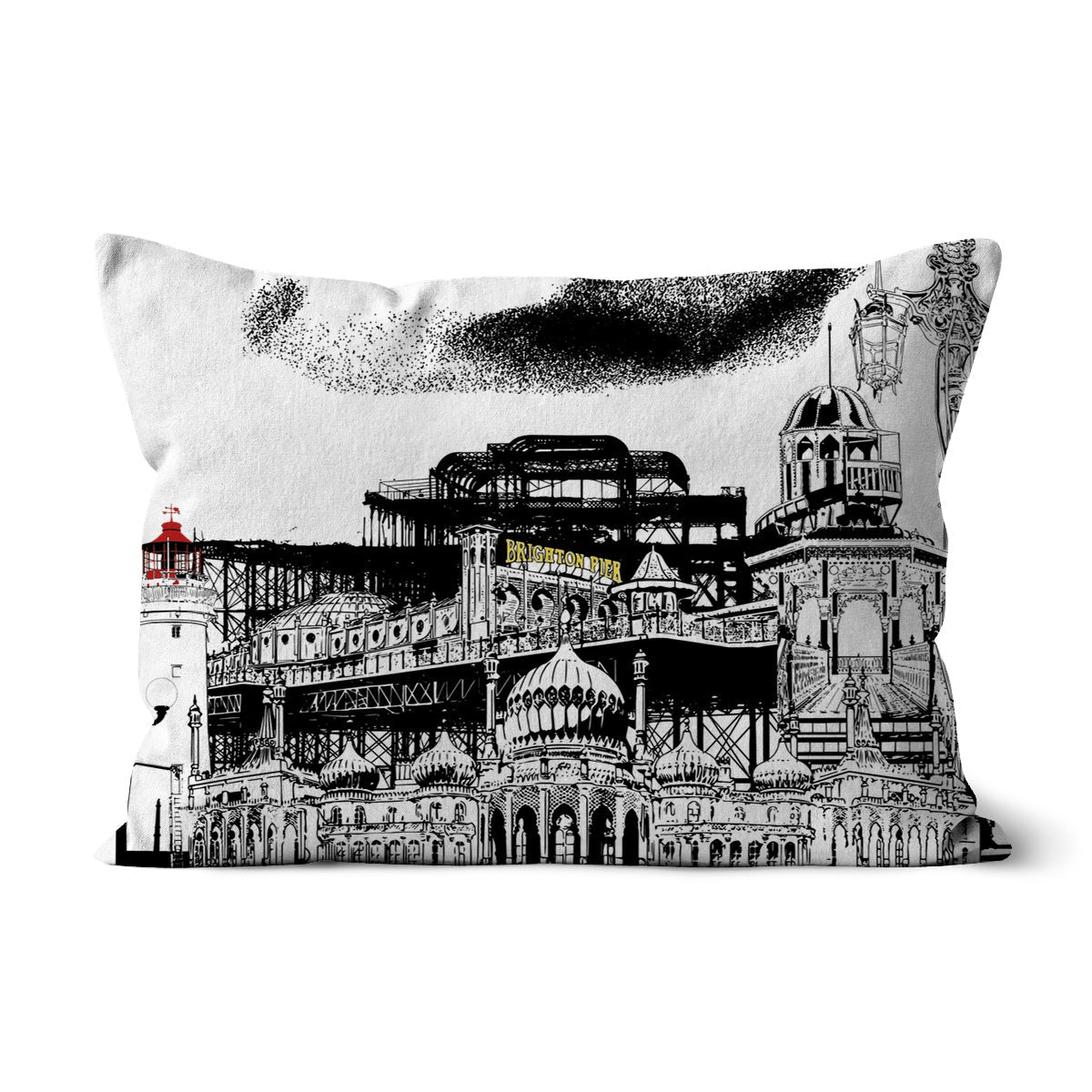 White Cushion Featuring a black and white illustration of Brighton pier and its various famous landmarks