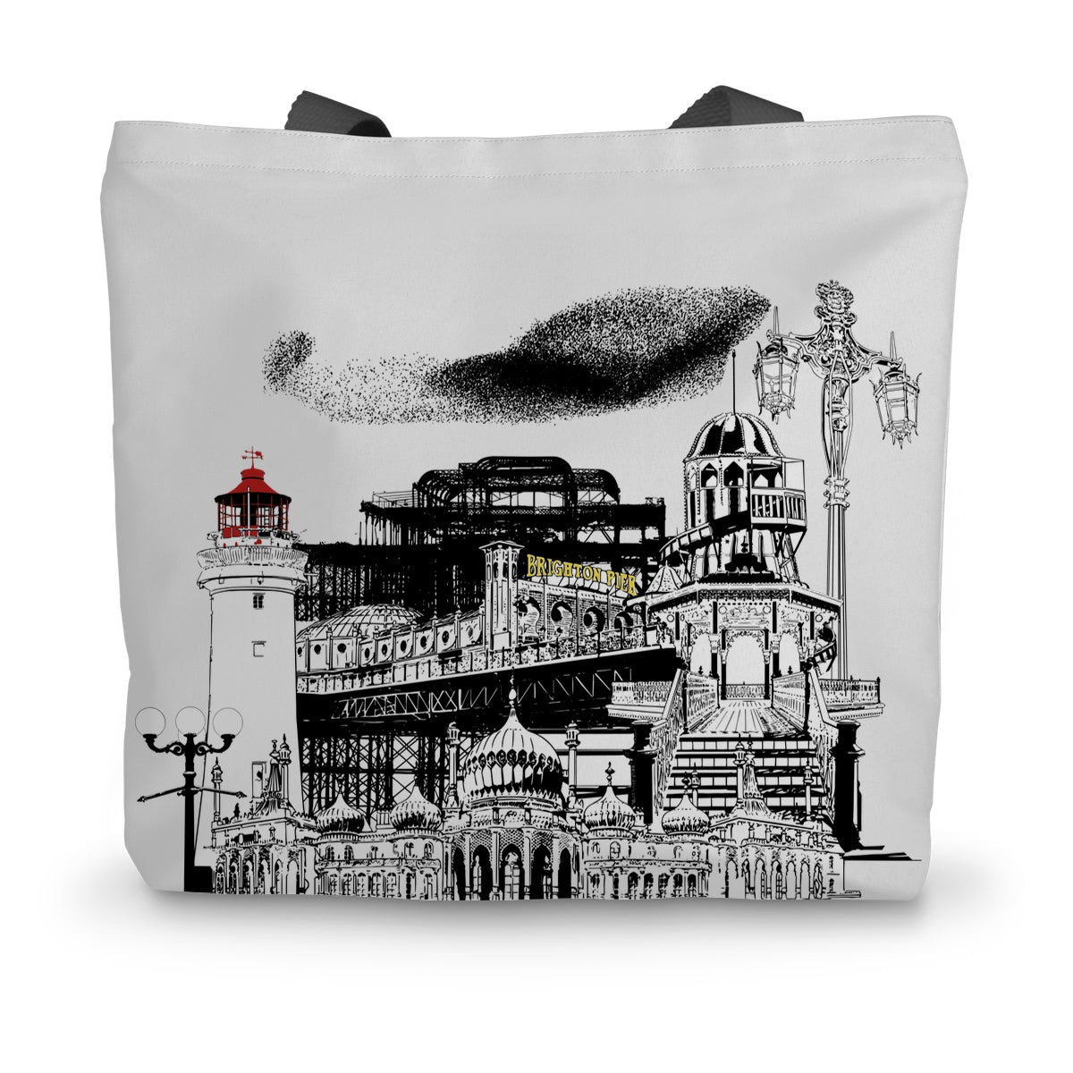 White Shopping tote featuring a black and white illustration of Brighton Pier and its various famous landmarks and features