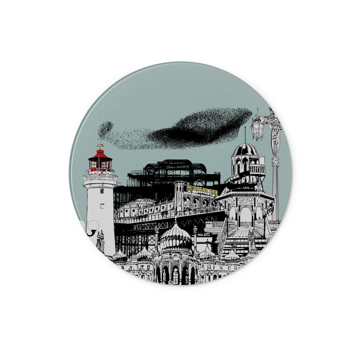Glass chopping board or counter protector featuring a black and white illustration of Brighton Pier and its various landmarks and features