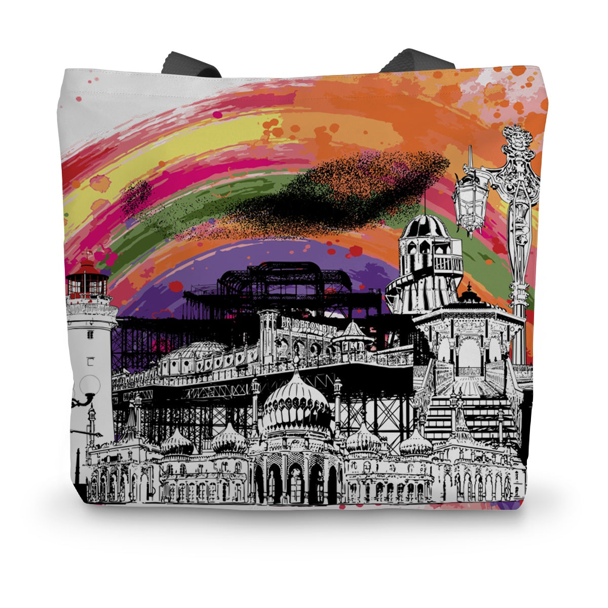 White shopping tote with a black and white illustration of Brighton pier and its various landmarks and features. The design also features a rainbow splash across the background.