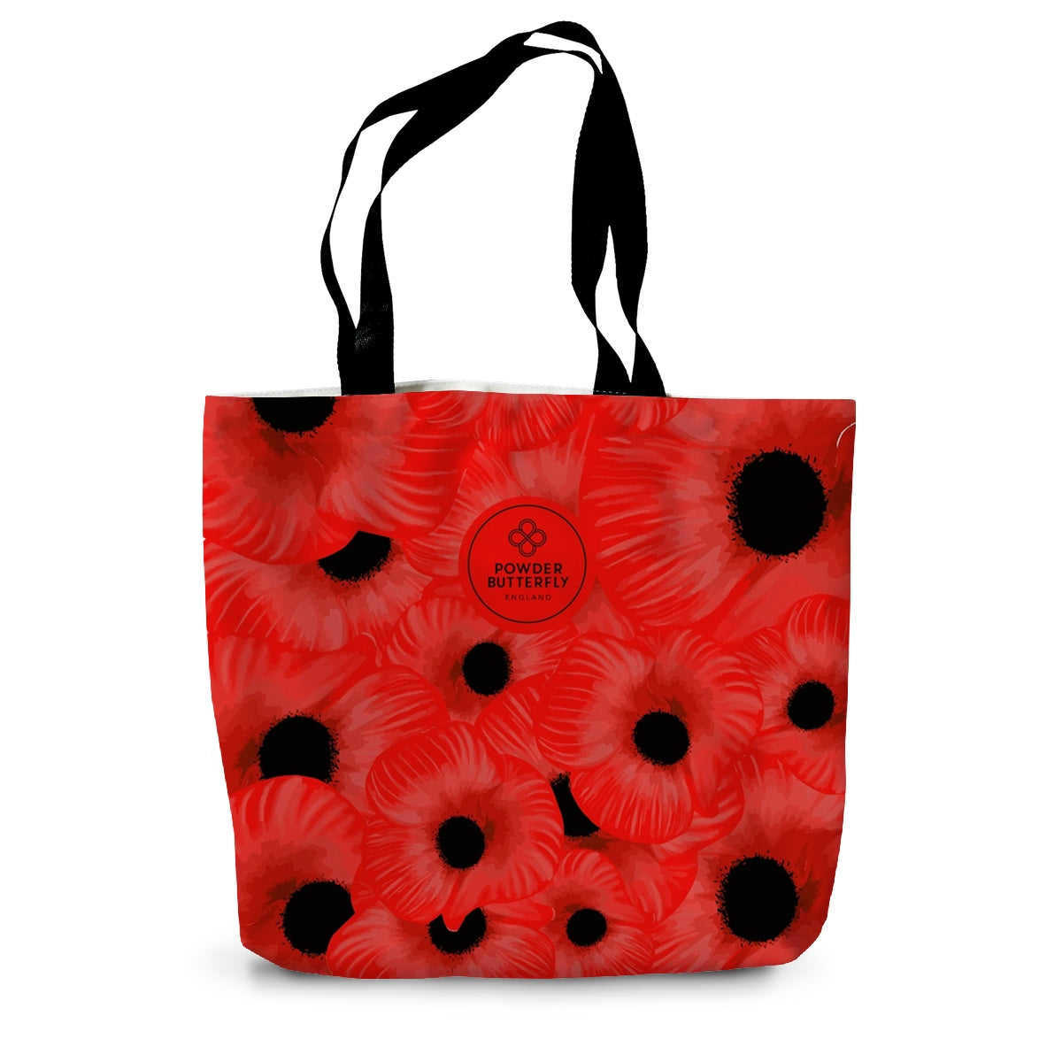 Giant red poppies are featured all over this page. The Sycamore Gap landscape and iconic tree is layered over the artwork at the bottom of the bag, this is a slightly transparent layer of the artwork so you can still see the remembrance poppies through it. 