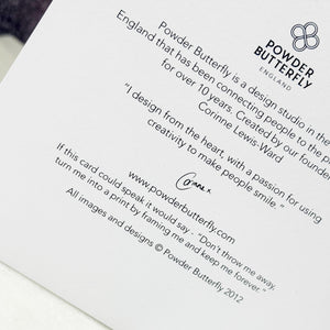 White card with text and Powder Butterfly logo on a white background