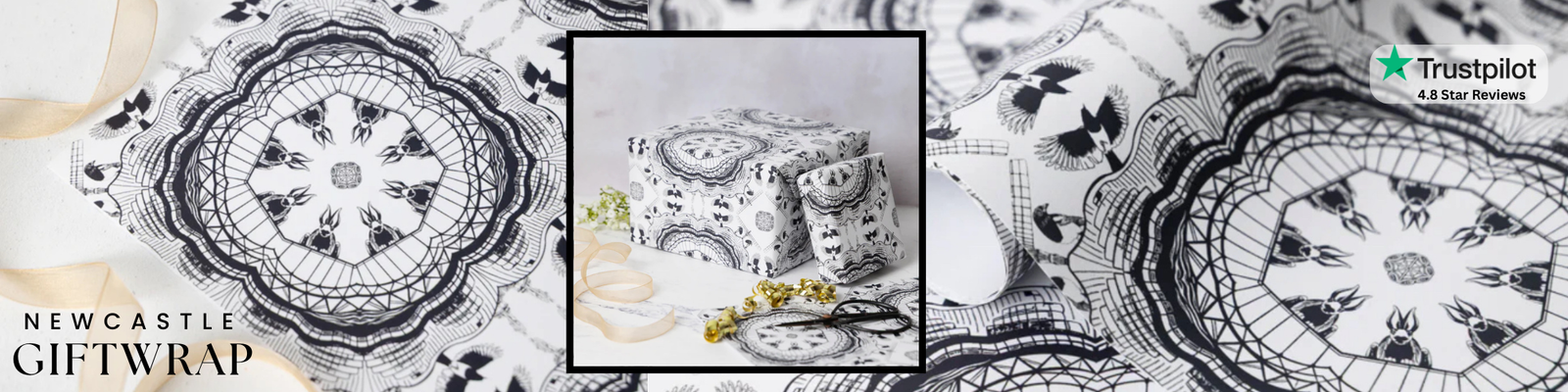 Newcastle landmarks Giftwrap in black and white mandala pattern.