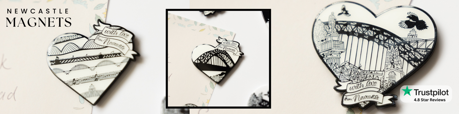 Heart-shaped Newcastle magnet with Tyne Bridges and Newcastle landmarks surrounded by similar magnets and a Trustpilot logo.
