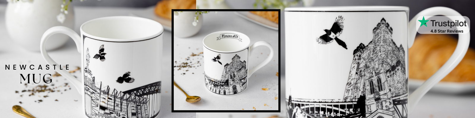 White mug with black Newcastle landmarks design with flying magpies, surrounded by similar mugs and a Trustpilot logo.