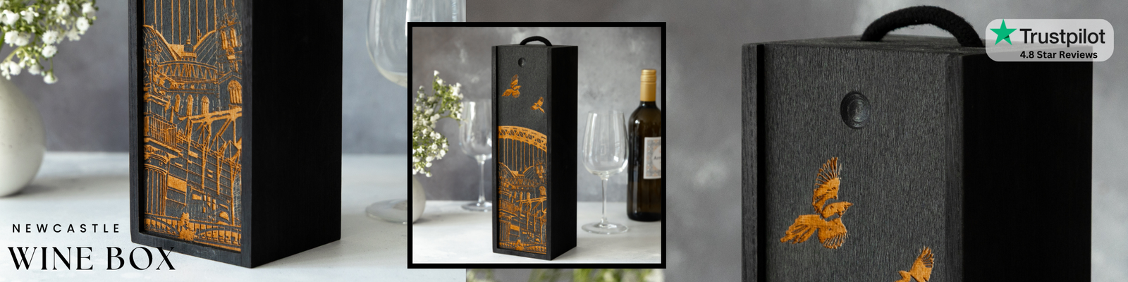 Wine box with Newcastle-themed decorative design on a neutral background
