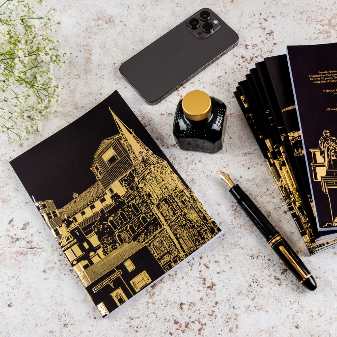 Black Notebook with Gold foil Design featuring famous costal 