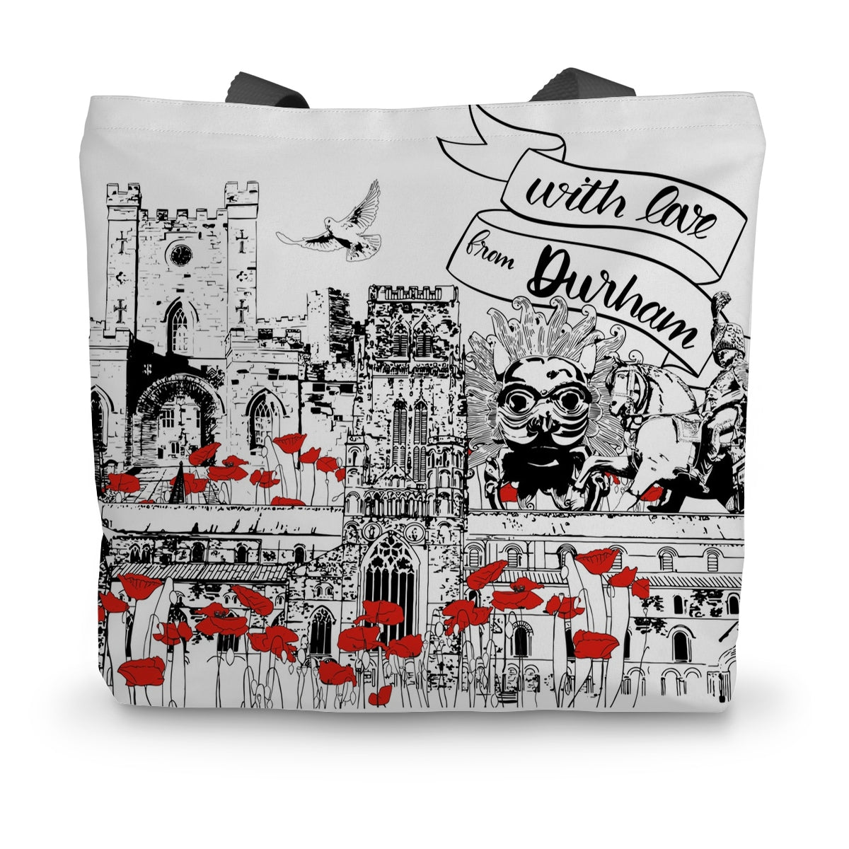 Durham landmarks tote bag. Classic black and white design with red poppies interspersed throughout the design. And With Love from Durham text in the top right hand corner. 