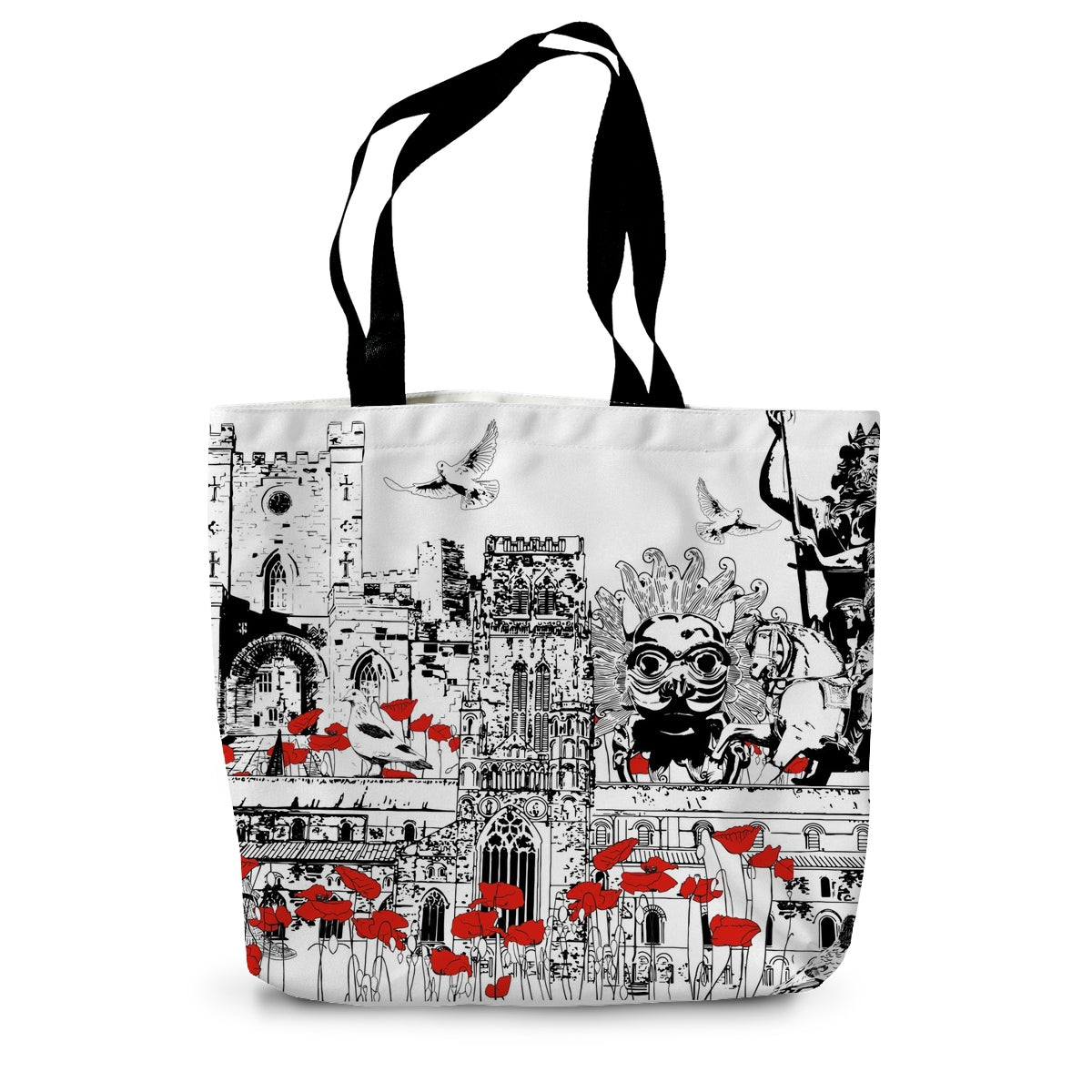 Durham landmarks tote bag. Classic black and white design with red poppies interspersed throughout the design. And With Love from Durham text in the top right hand corner. 