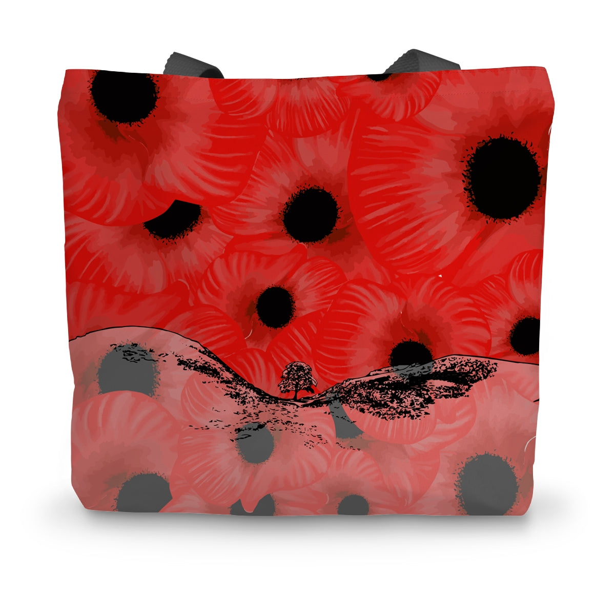 Giant red poppies are featured all over this page. The Sycamore Gap landscape and iconic tree is layered over the artwork at the bottom of the bag, this is a slightly transparent layer of the artwork so you can still see the remembrance poppies through it. 