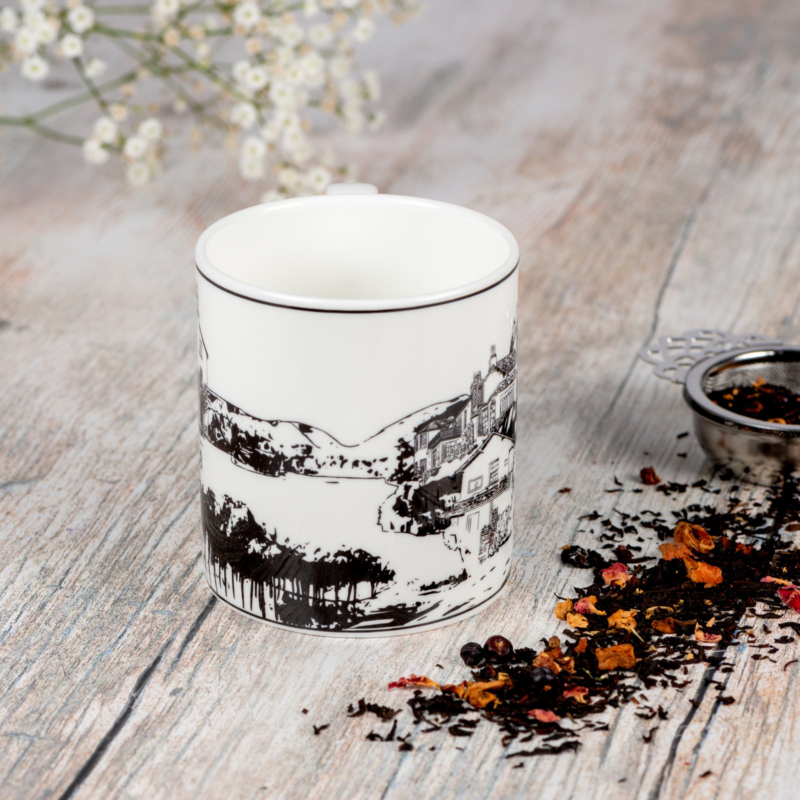 Image of Powder Butterfly Lake District China Mug featuring a back and white illustration of the hill top in the Lake District.