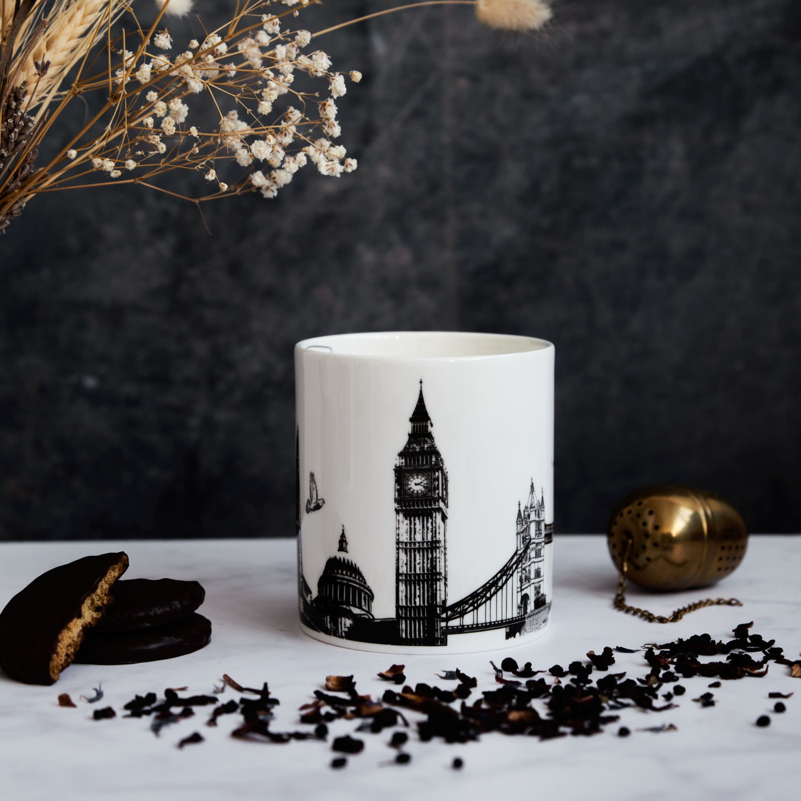 PowderButterfly Mugs London City China Mug illustrated in black and white featuring landmarks and monuments from London