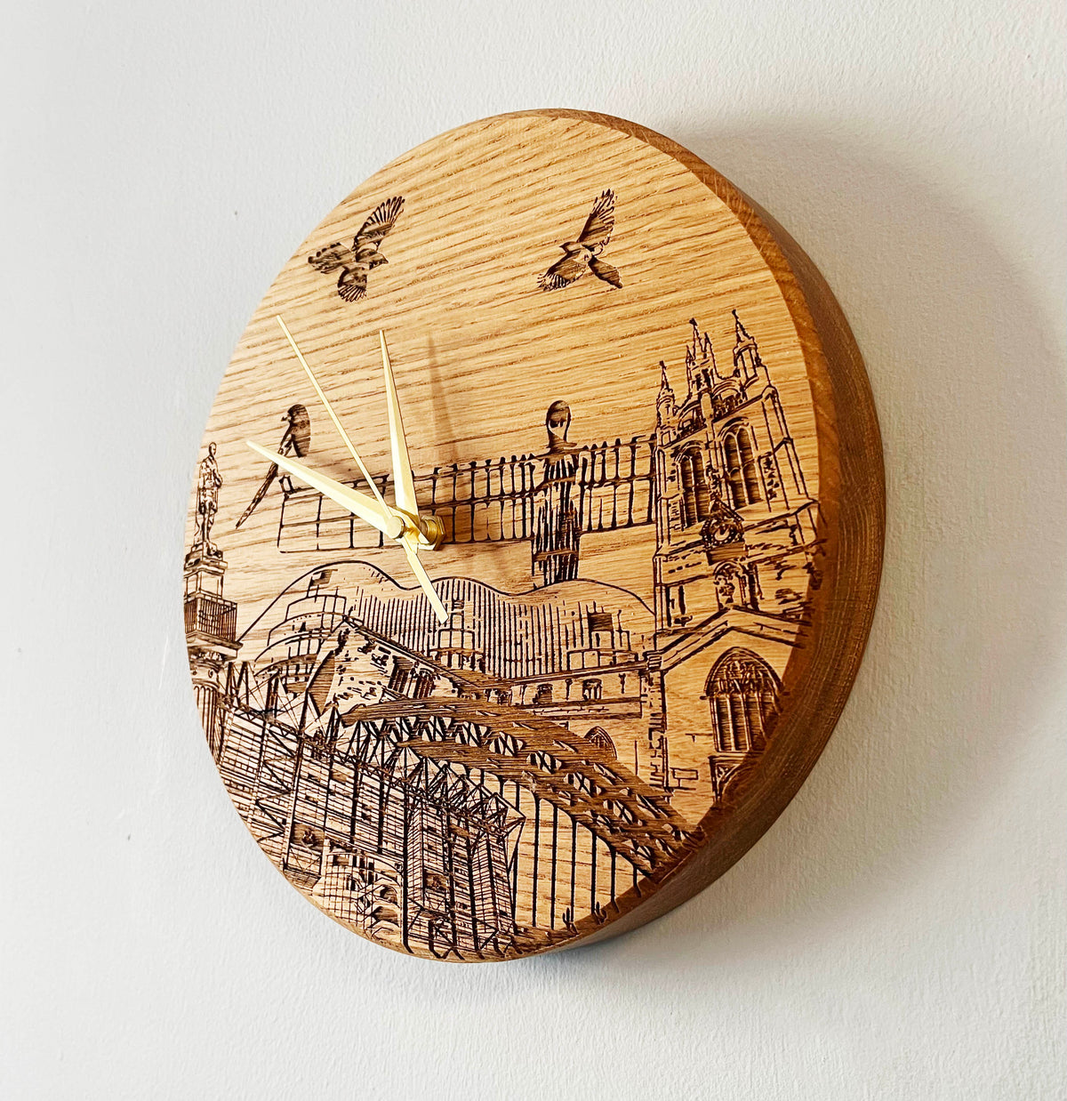 Handcrafted Solid Oak Laser engraved Newcastle Clock