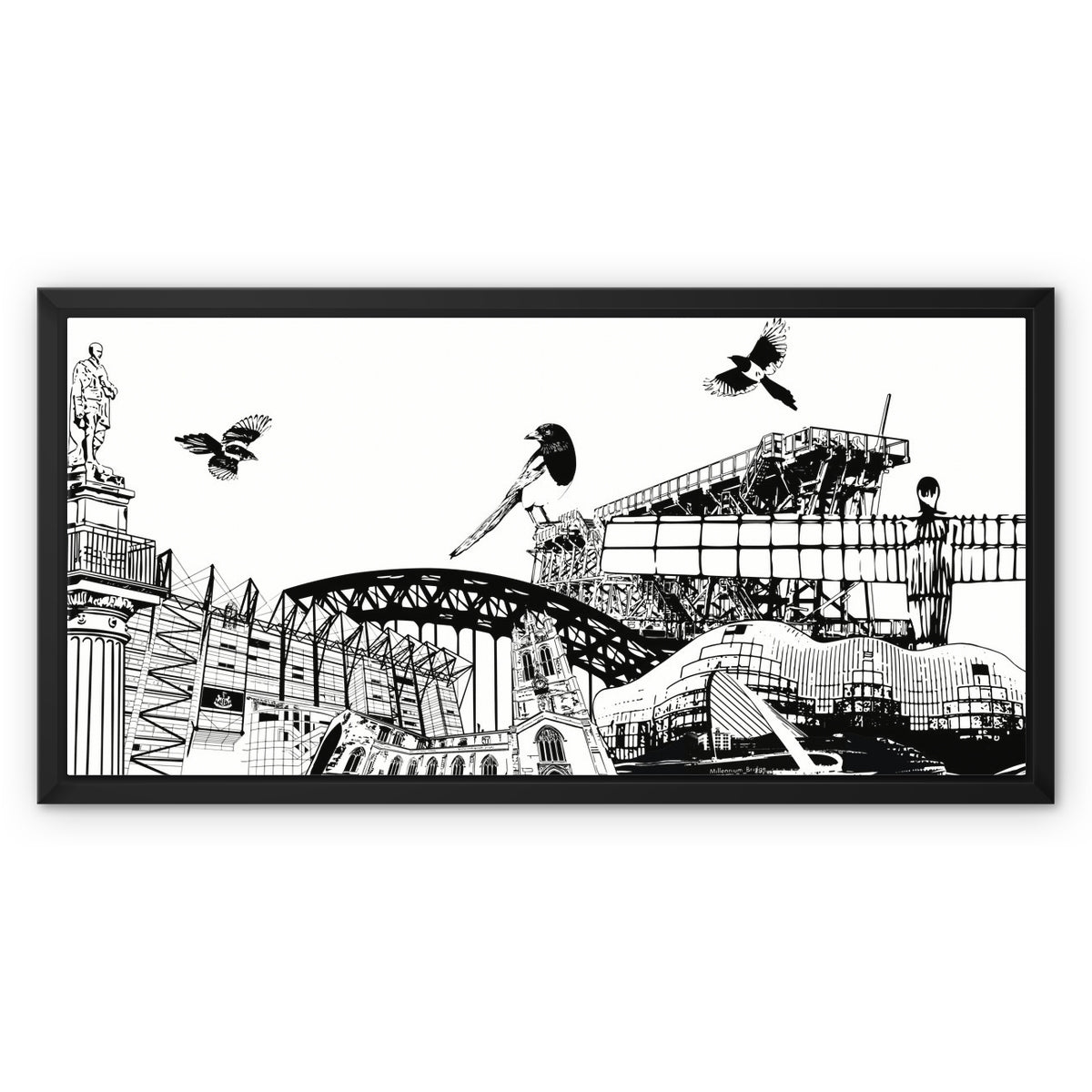 Beautiful black and white artwork of iconic landmarks from Newcastle and Gateshead and magpie birds.