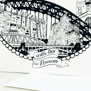 Black and white illustration of a bridge with text 'With love from Newcastle' on a white background