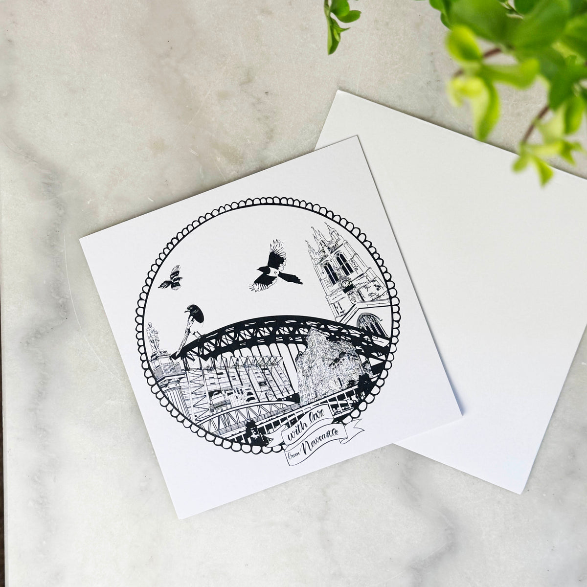 Black and white illustration on a white card with a plant in the corner.