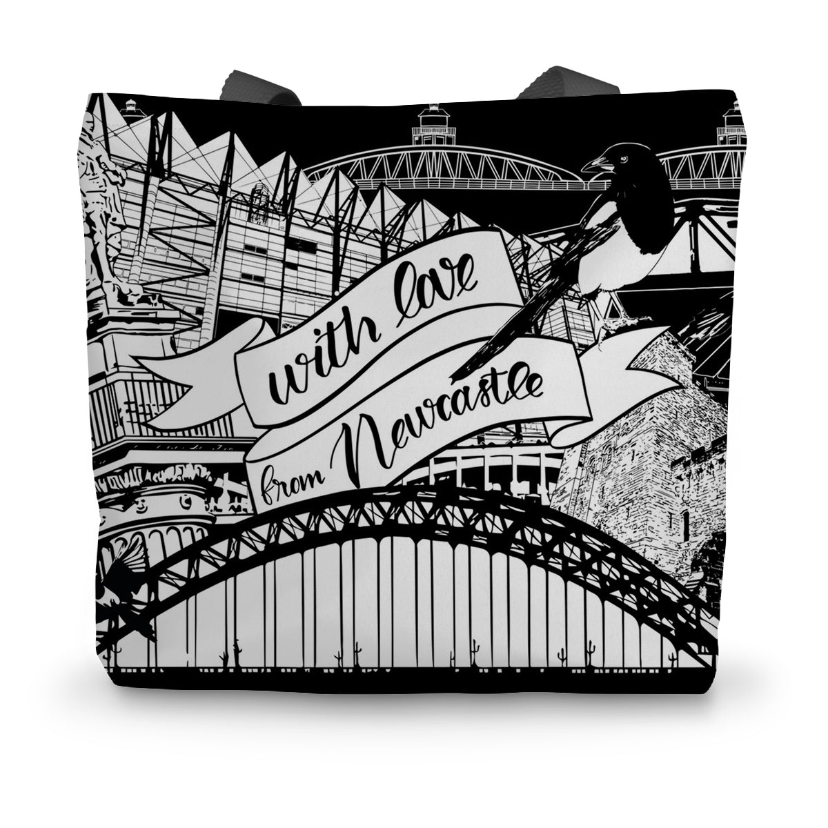 Newcastle tote bag featuring Tyne Bridge, St James Park, Greys monument, Newcastle Cathedral, swing bridge, Redhuegh bridge and magpie birds. With love from Newcastle is also written on this side of the bag.