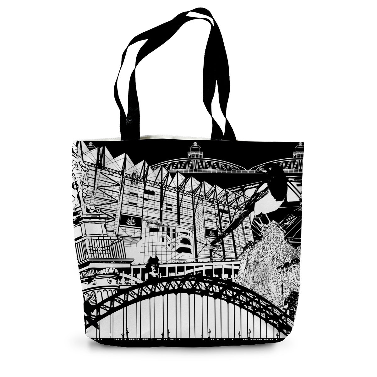 Newcastle tote bag featuring Tyne Bridge, St James Park, Greys monument, Newcastle Cathedral, swing bridge, Redhuegh bridge and magpie birds. With love from Newcastle is also written on this side of the bag.