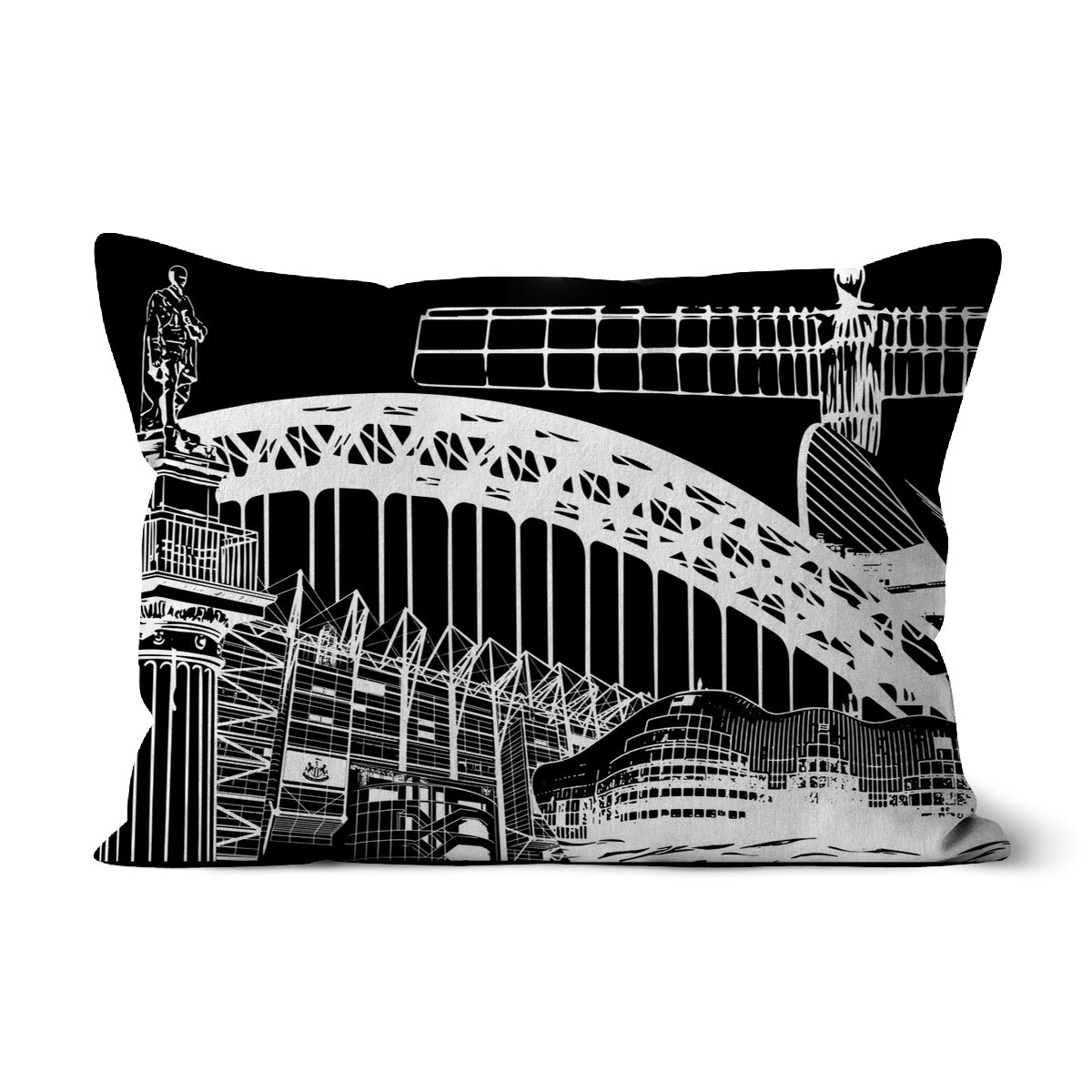 Black cushion cover with white printed artwork design on a faux Linen cushion cover with insert featuring Newcastle and Gateshead Landmarks such as the Angel of the North and the Tyne Bridge