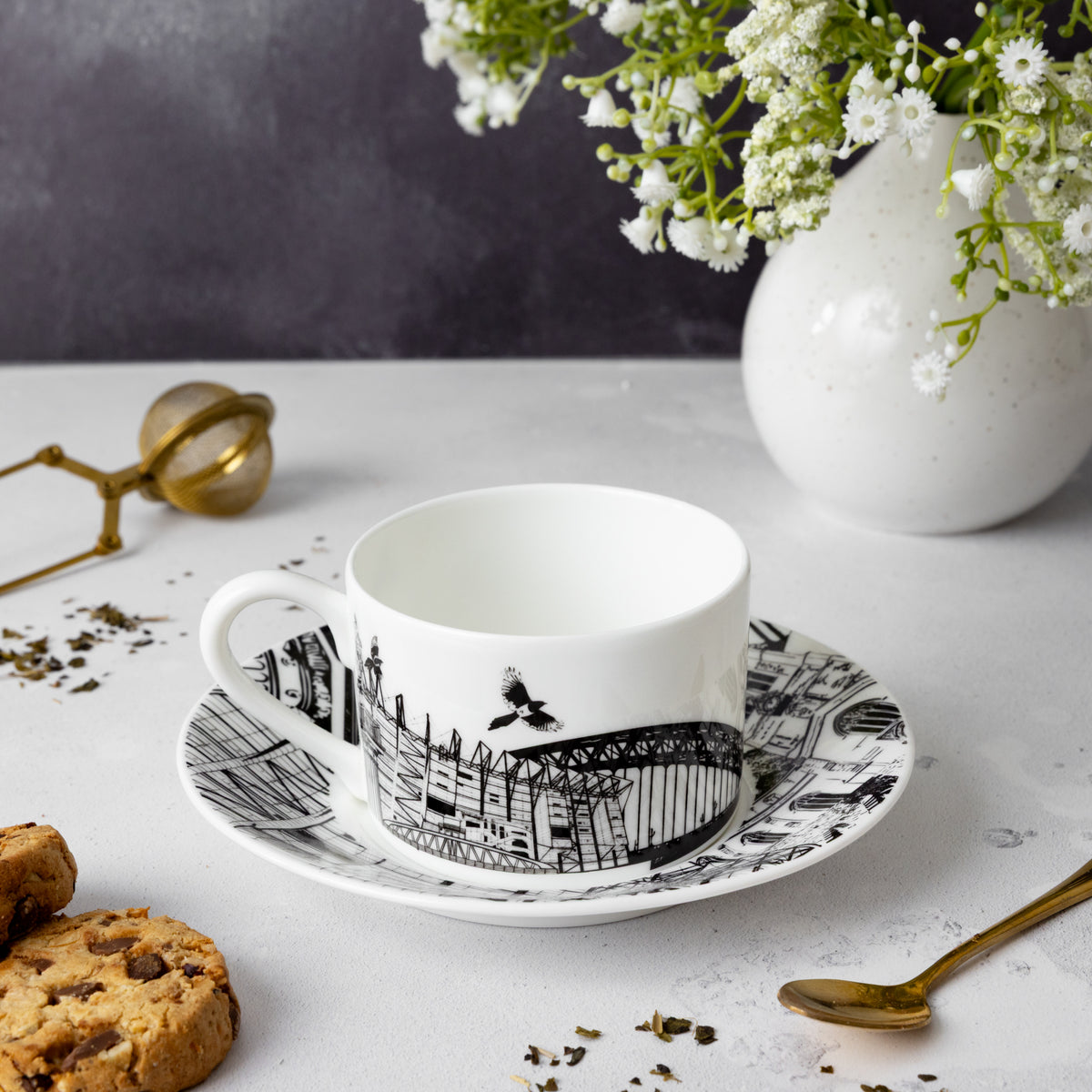 Reverse side image of the Newcastle landmarks tea cup and saucer set by Powder Butterfly.