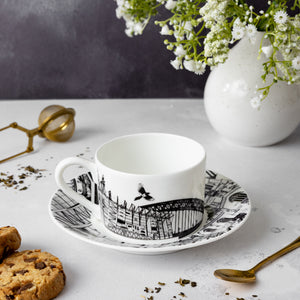 Reverse side image of the Newcastle landmarks tea cup and saucer set by Powder Butterfly.