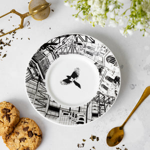 Saucer without teacup featuring the iconic magpie and Newcastle city landmark print by Powder Butterfly.