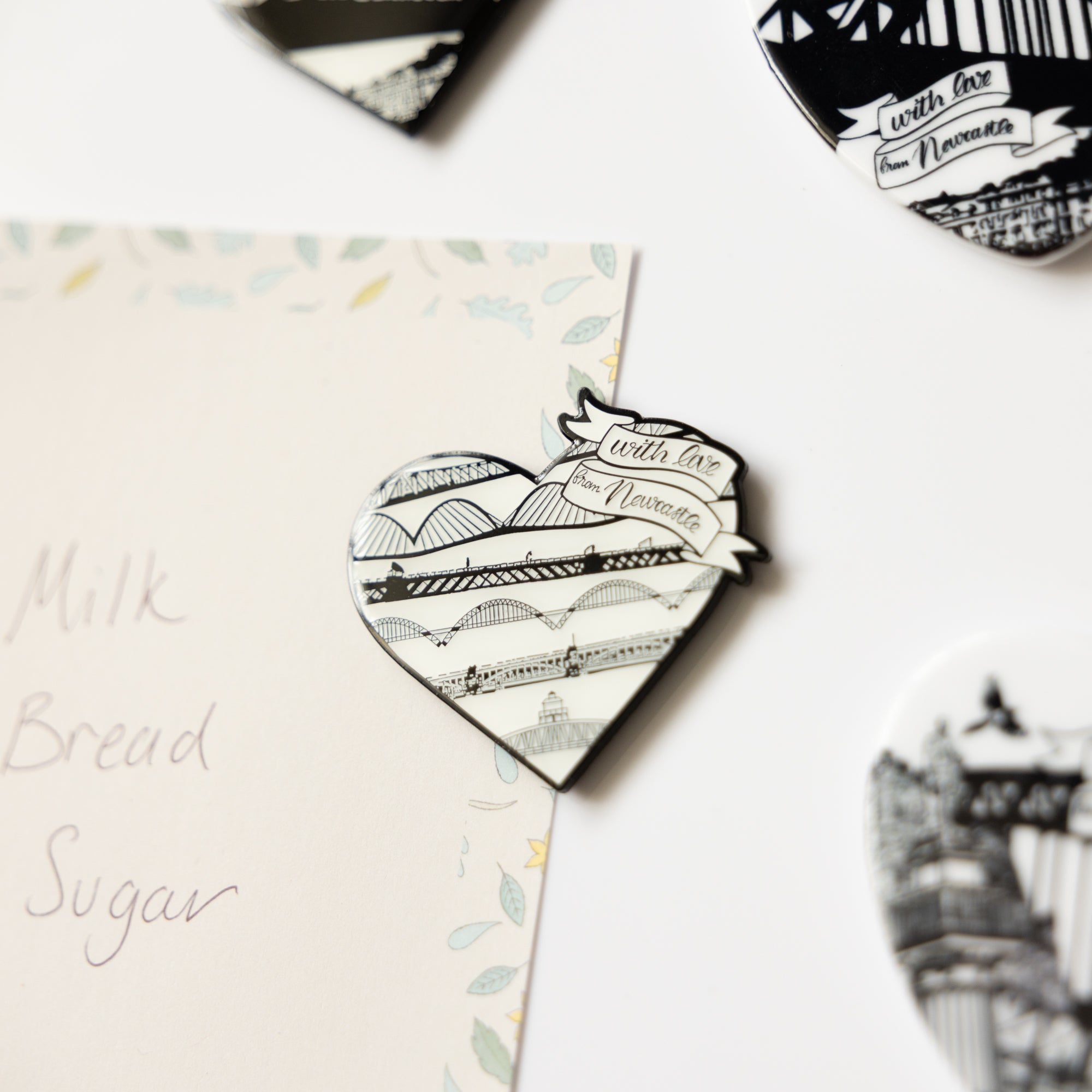 Bridges of the river tyne enamel fridge magnet set by powder butterfly illustrated in black and white