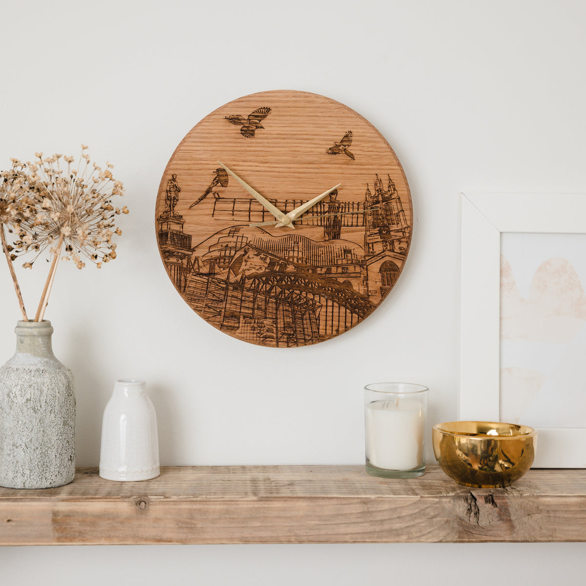Handcrafted Solid Oak Laser engraved Newcastle Clock