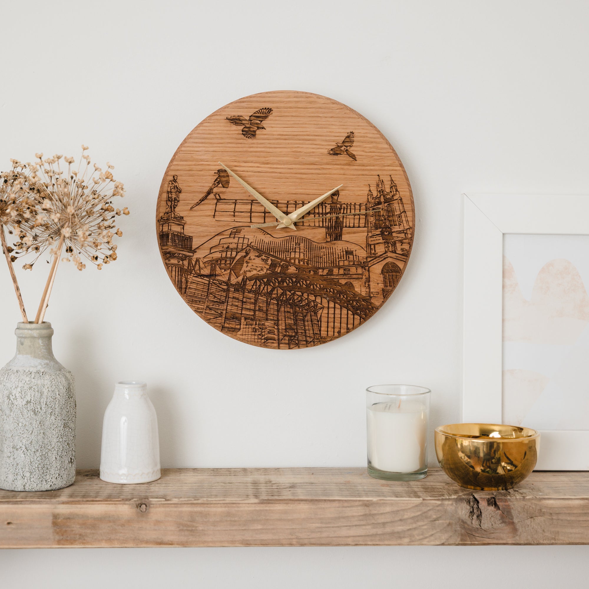Handcrafted Solid Oak Laser engraved Newcastle Clock