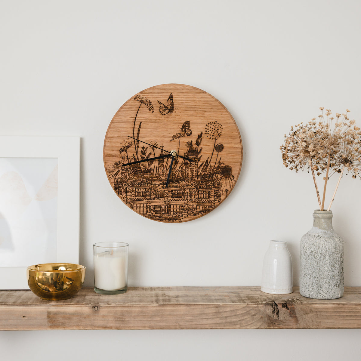 Woodburned saltwell park clock by powder butterfly front view