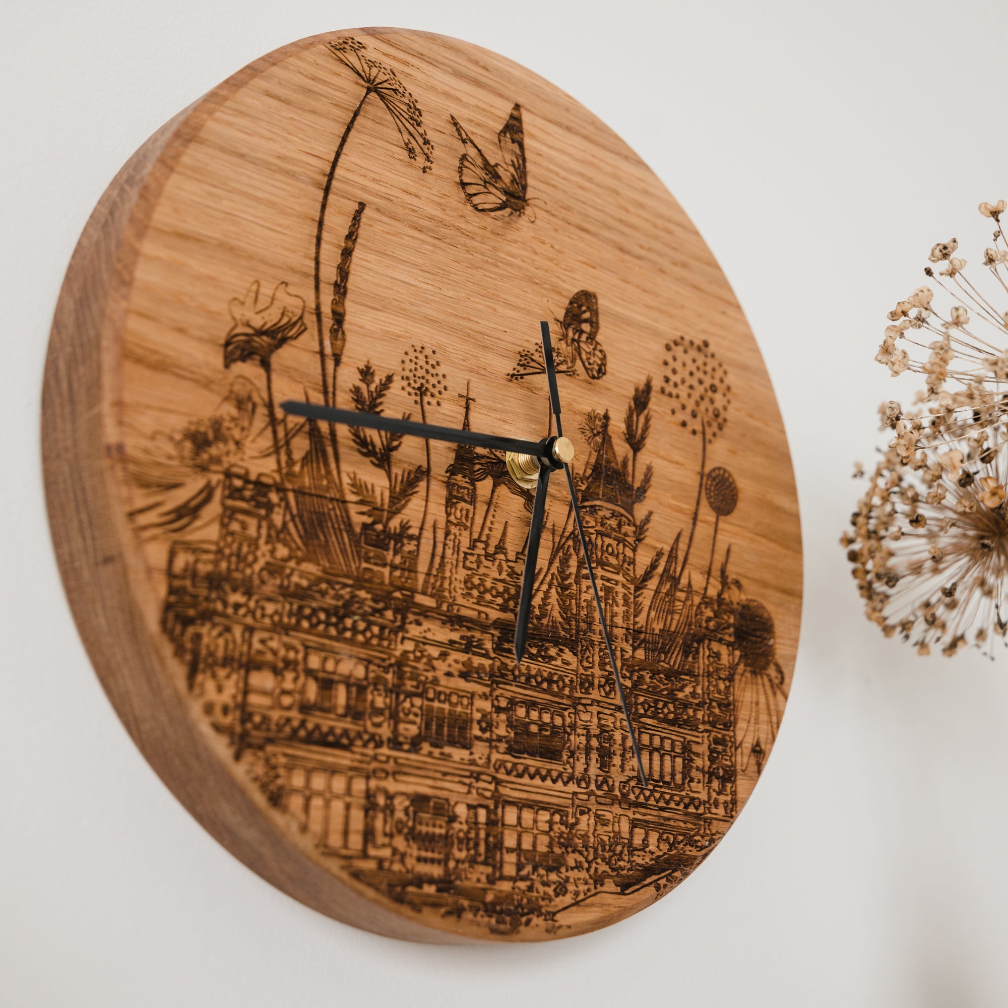 Woodburned saltwell park clock by powder butterfly front view