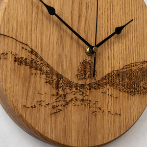 Wooderburned sycamore gap clock by powder butterfly angled view