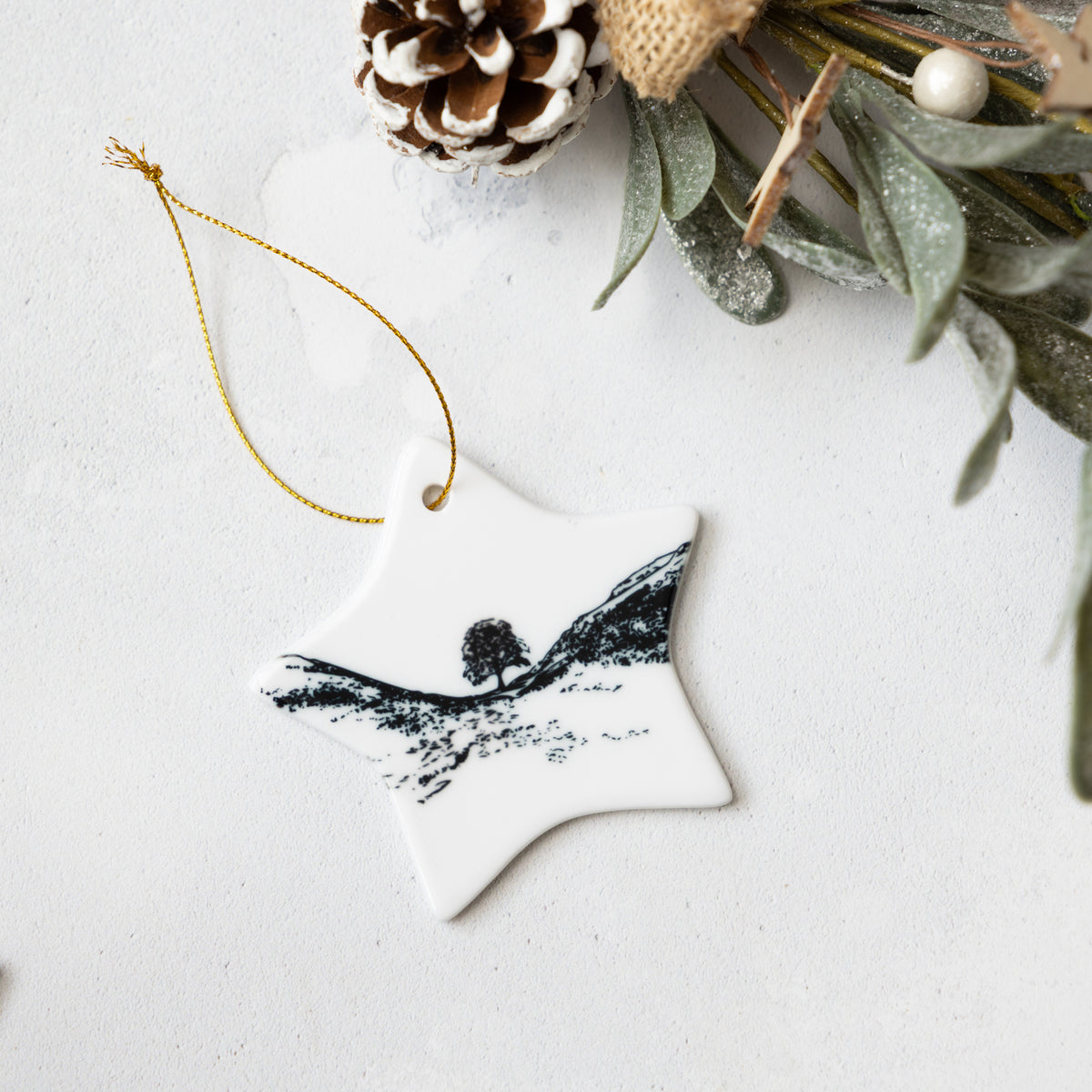 Star-shaped ornament with the Sycamore Gap tree design on a white surface with decorative elements.