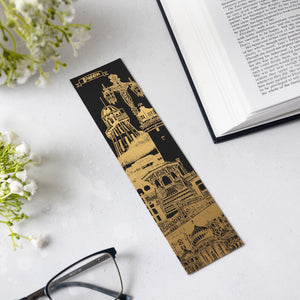 Brighton landmarks gold foil bookmark on a white background with white flowers