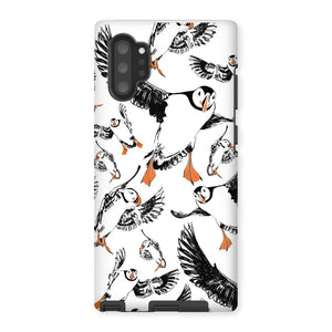 Delightful puffin design for a Samsung Galaxy Not 10P phone case, puffins are flying around and have vibrant orange beaks and feet. 