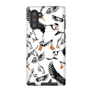 Delightful puffin design for an Samsung Galaxy Note 10 phone case, puffins are flying around and have vibrant orange beaks and feet. 