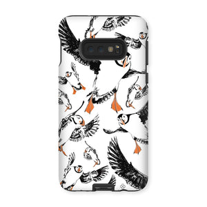 Delightful puffin design for a Samsung Galaxy S10E phone case, puffins are flying around and have vibrant orange beaks and feet. 